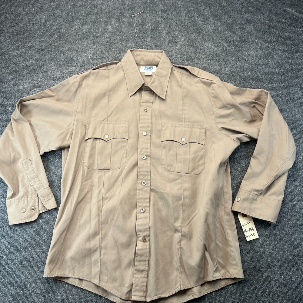 Somes Uniform Shirt Mens Large Khaki Long Sleeve Utility Pocket Shoulder Epaulet